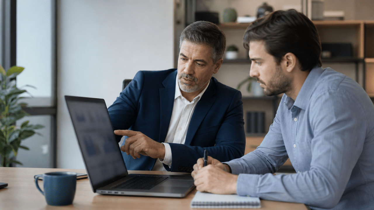 Dois profissionais analisam informações em um notebook para usar IA na prospecção B2B com critério humano