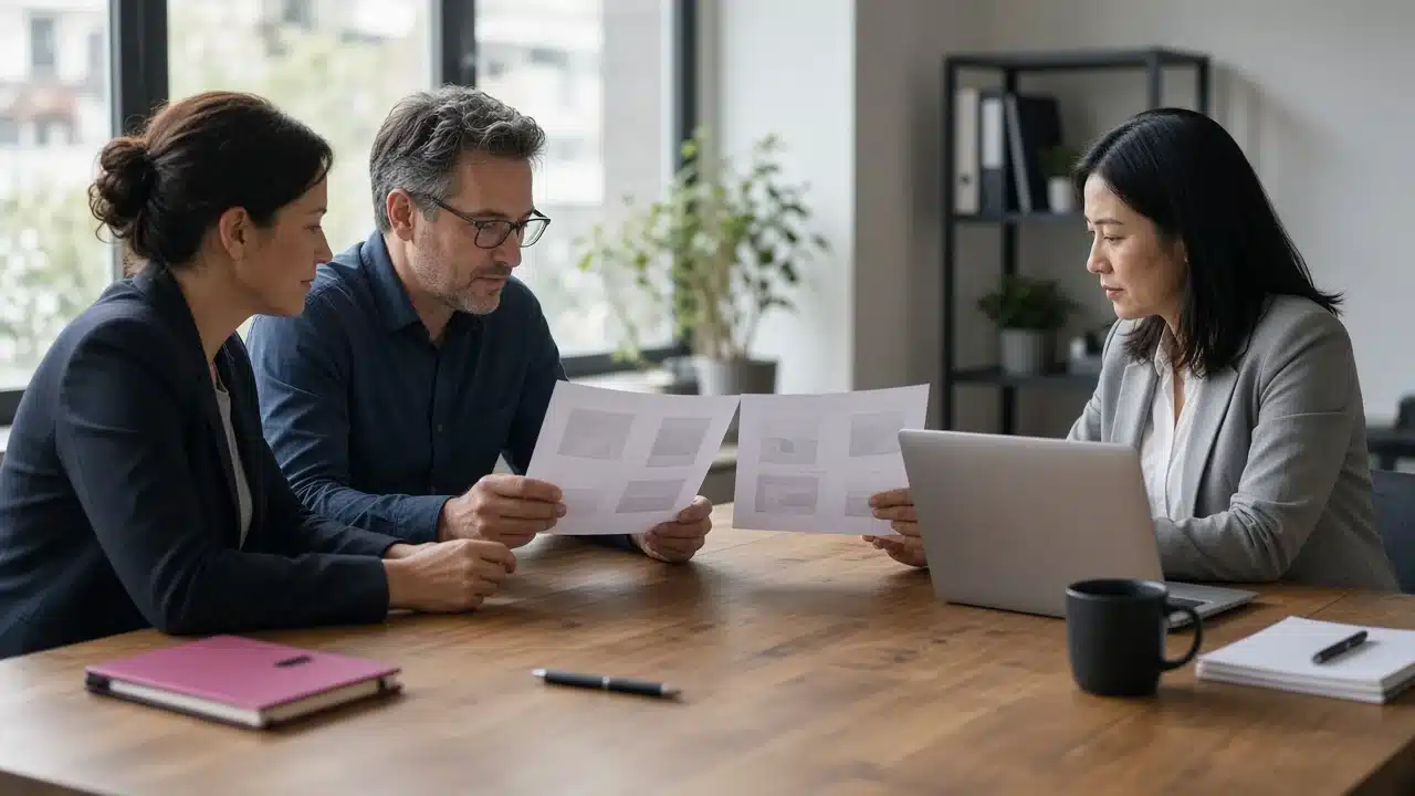 Socios comparan dos propuestas impresas para decidir entre armar un equipo interno o sumar un partner especializado
