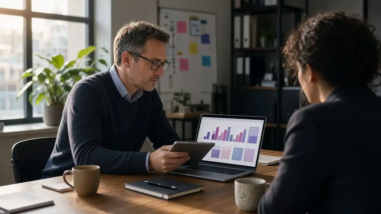 Gerente de una agencia sigue en la tablet y la laptop las métricas de leads calificados de la semana