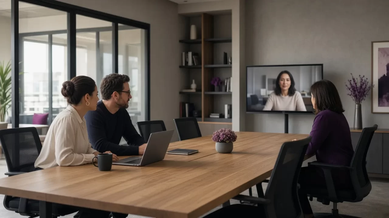 Equipe reunida em sala de reunião com notebooks e uma videochamada na tela, avaliando se prospecta grandes contas com time próprio ou parceiro