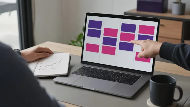 A hand points at a kanban board on a laptop beside a notebook sketch trending upward, tracking prospecting metrics
