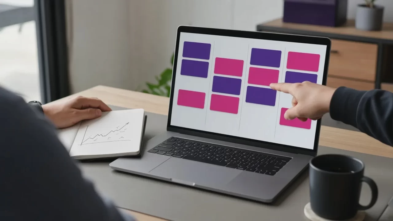 Una mano señala un tablero kanban en la laptop junto a un cuaderno con un boceto ascendente, siguiendo métricas de prospección