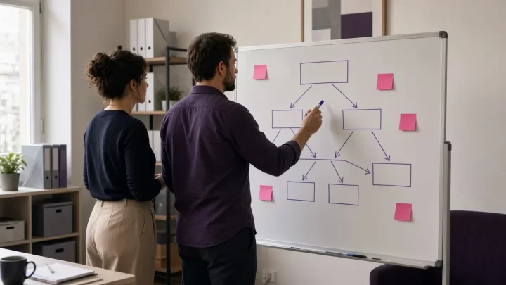 Dos personas de espaldas trazan un diagrama morado en una pizarra, diseñando la estructura de un equipo comercial reducido