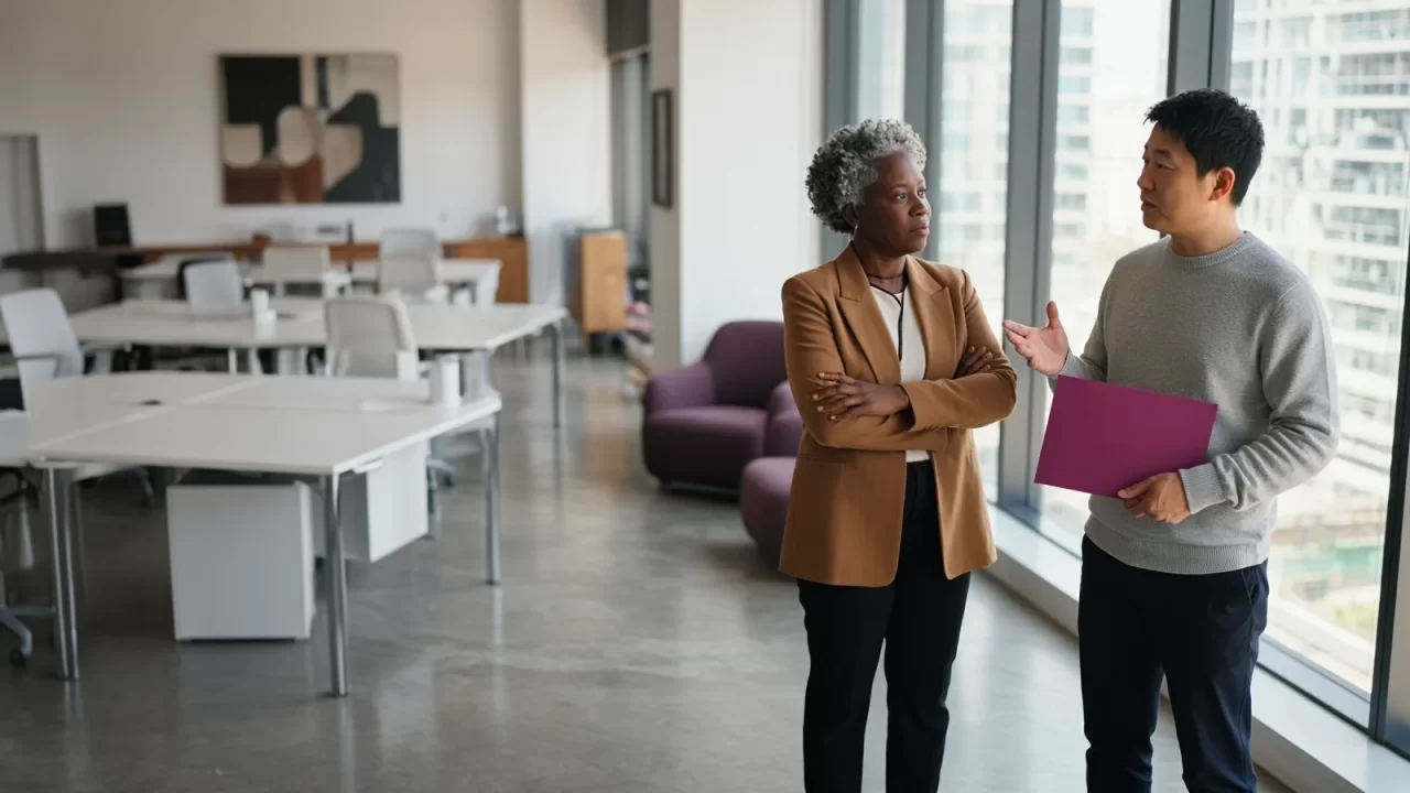 A founder talks with an outside sales partner beside still-empty desks, weighing whether to build the sales team in-house or outsource it
